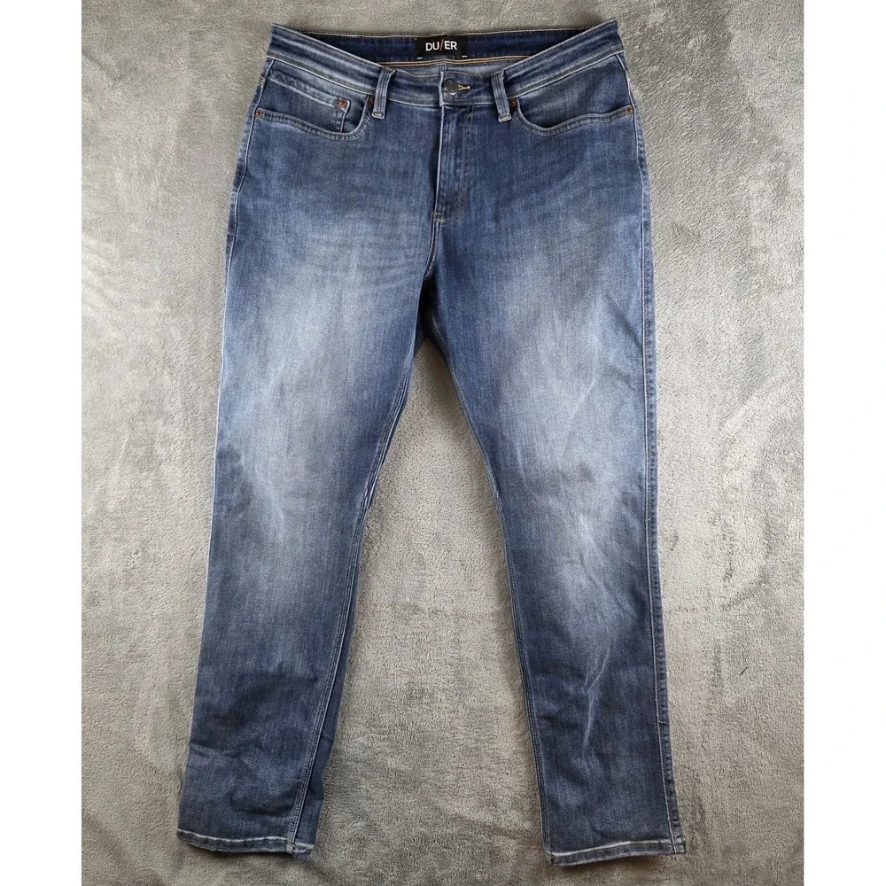 DUER L2X Relaxed Taper Jeans Med Wash Denim Cotton Blend 5-Pocket Mens 33X31